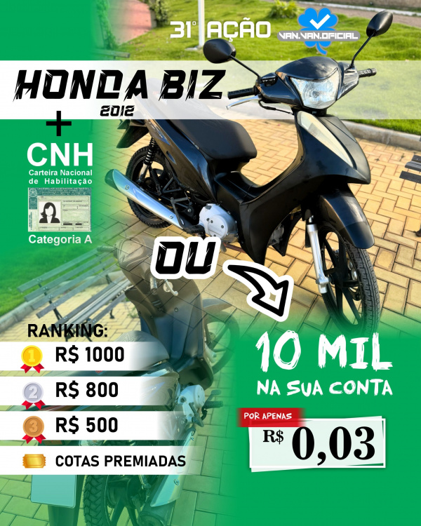 31º Ação Honda Biz 2012 + CNH (A) ou 10 MIL
